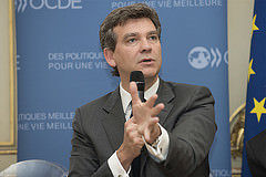 Arnaud Montebourg, Ministre de l'Economie, du Redressement productif et du Numérique, lors de la présentation du rapport sur les politiques d'innovation en France